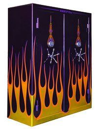Black box with purple flames and metal spikes, likely a decorative speaker or cabinet.