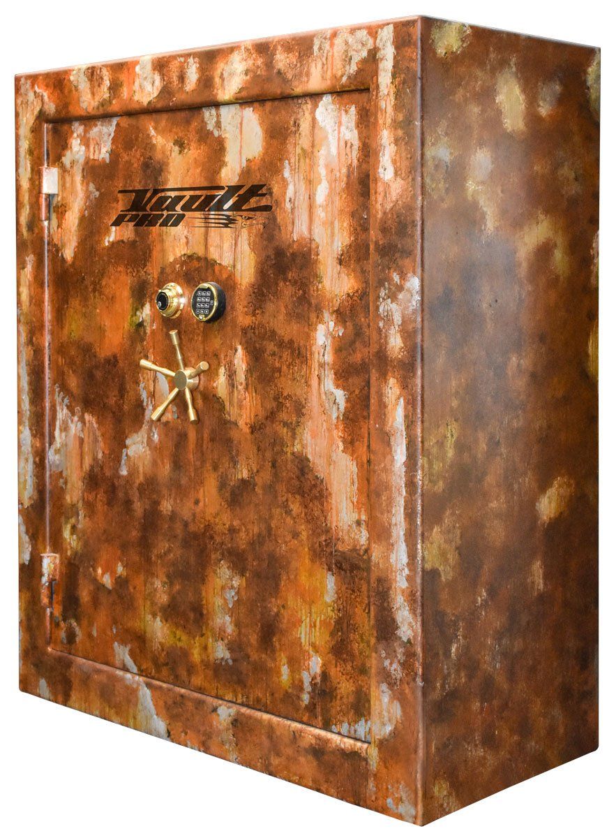 Rusty brown metal safe with a front door and combination lock, shown at an angle on a white background