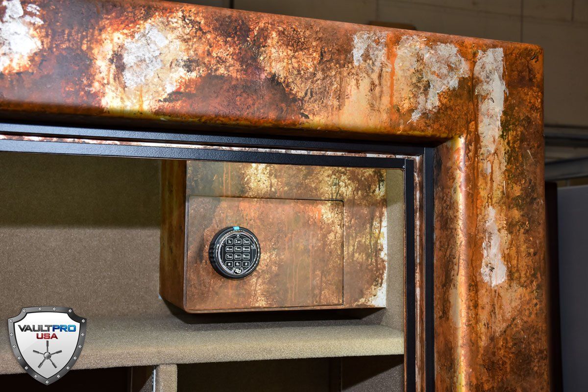 A close up of a rusty safe with a safe in safe option in it.