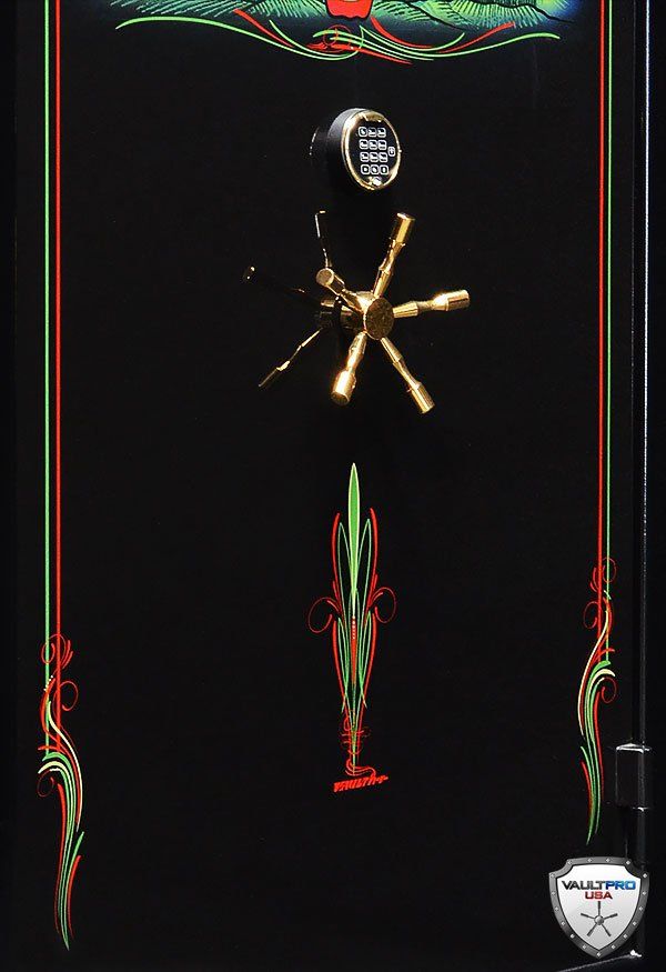 Black fabric with a gold starburst emblem and red-green ornamental border accents
