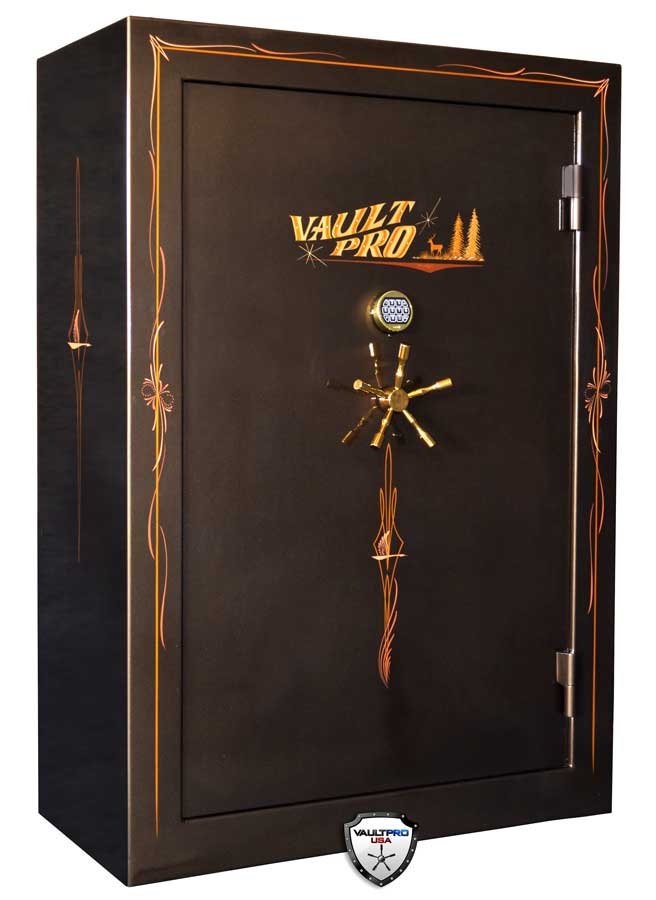 Black and gold vault-style safe with gold wheel handle on a dark background