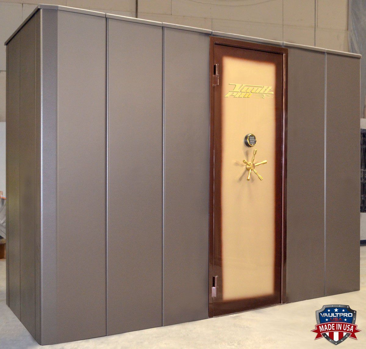 Gray utility shed with a gold-colored door and star-shaped ornament on the front.