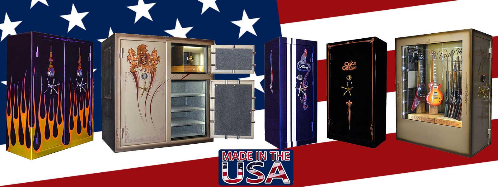 Blue patriotic collage of four custom refrigerators and an American flag background, with “USA” text center.