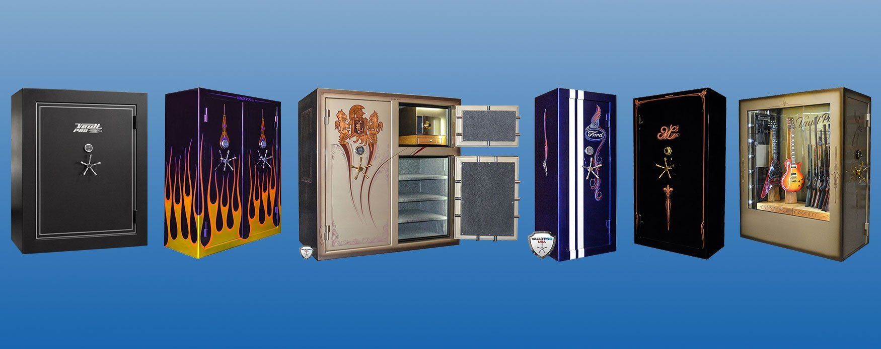 Row of seven colorful server racks and computer cabinets on a blue background