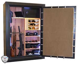 Open gun safe with rifles on the left and a tan panel on the inside of the door
