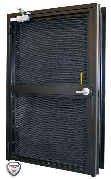 Black metal mesh security door with handle and lock on a white background