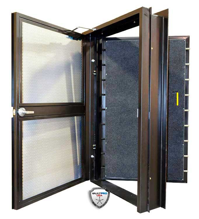 Open black steel security door with wire mesh panels, shown partially open.