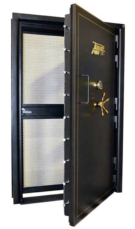 Open black fireproof safe door showing patterned interior and gold lock handle
