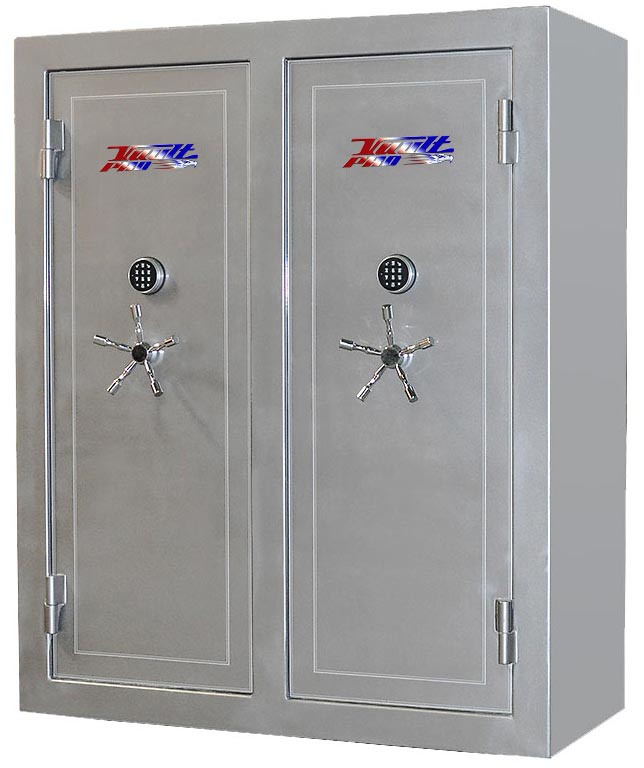 Gray dual-door fireproof safe with combination locks and handles
