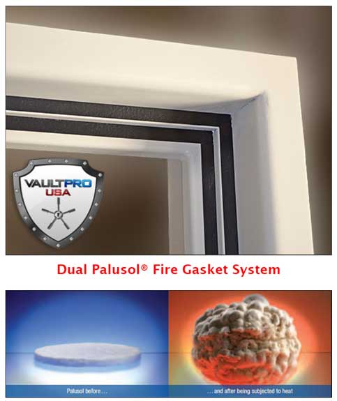 Fire gasket system ad showing a door frame, shield logo, and two seal/test images with fire and smoke.