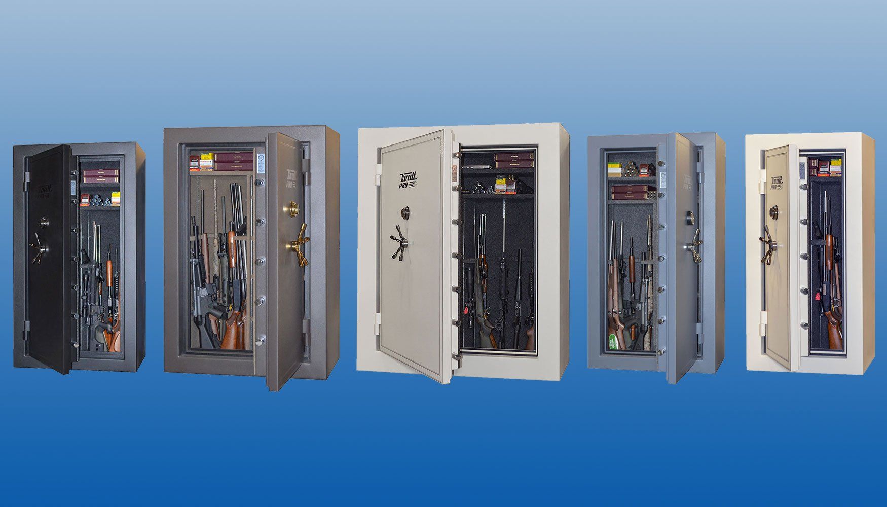 Five open electrical control cabinets and enclosures in gray, blue, and white on a blue background