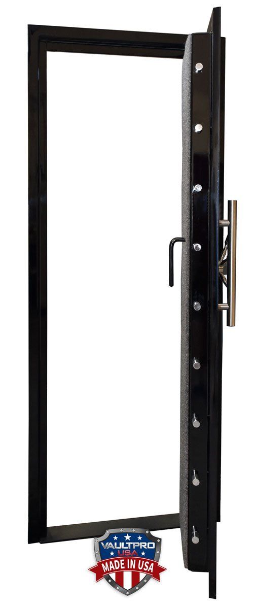 Black metal window security gate with hinged frame and latch lock on white background