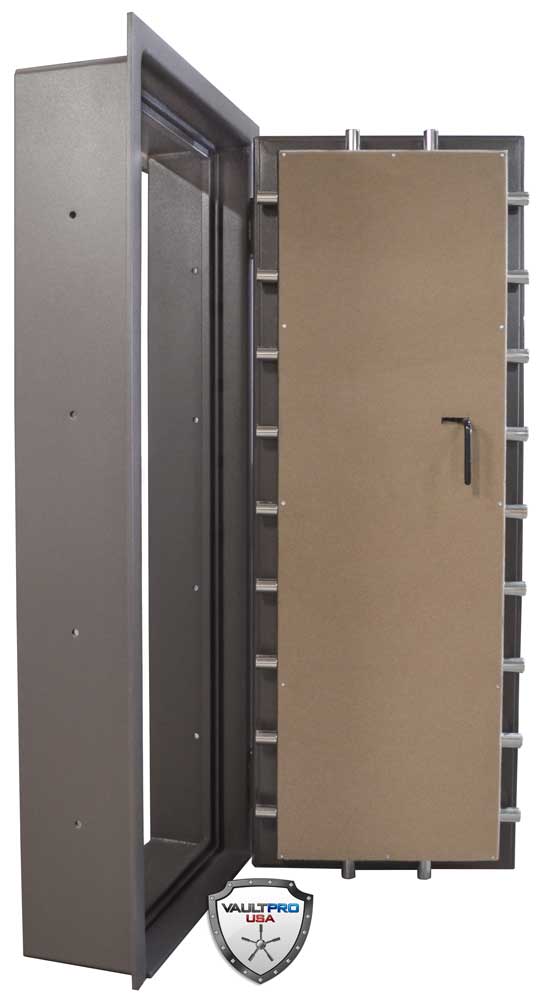 Open metal security vault door with tan inner door and multiple locking bolts