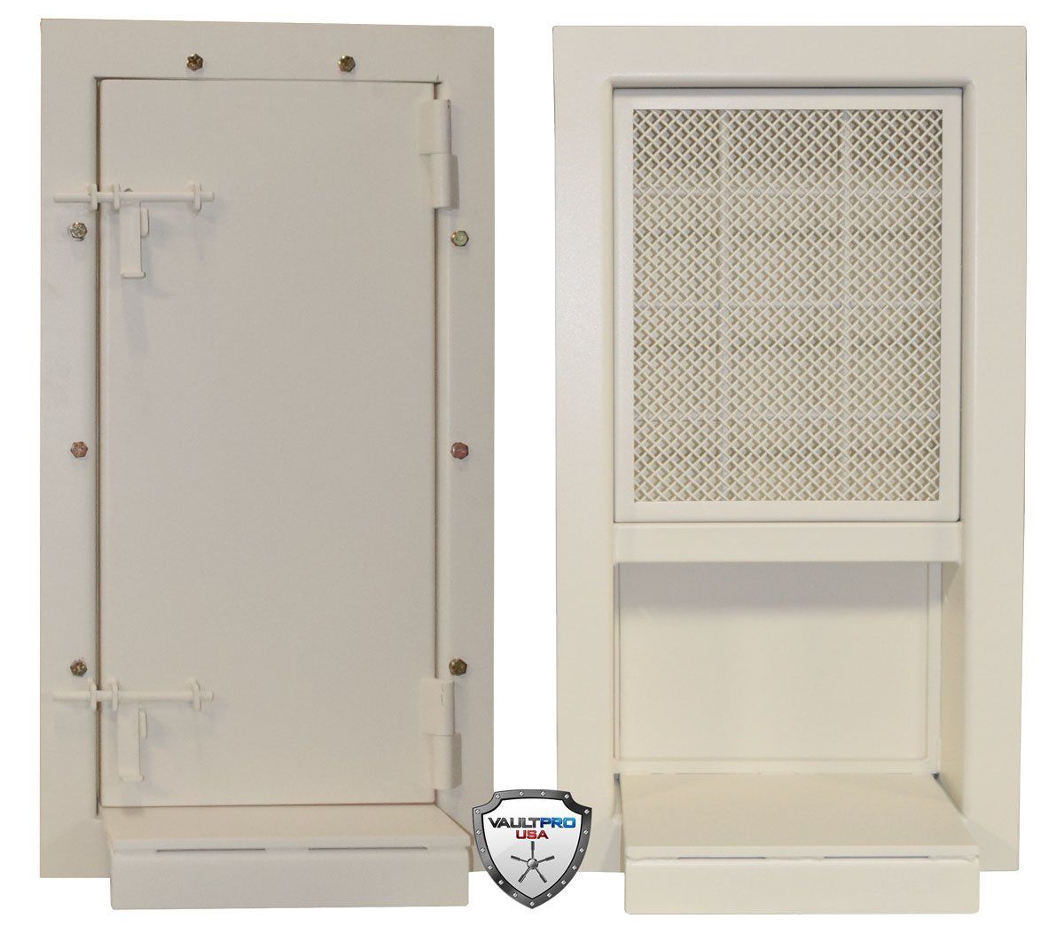 Two beige access panels: one solid and one vented with a screen.