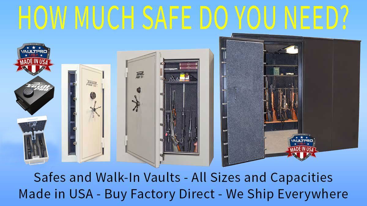 Blue ad for safes and walk-in vaults with three safe images and headline “How much safe do you need?”