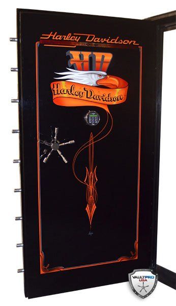 Harley-Davidson black mini fridge with orange flames and logo accents