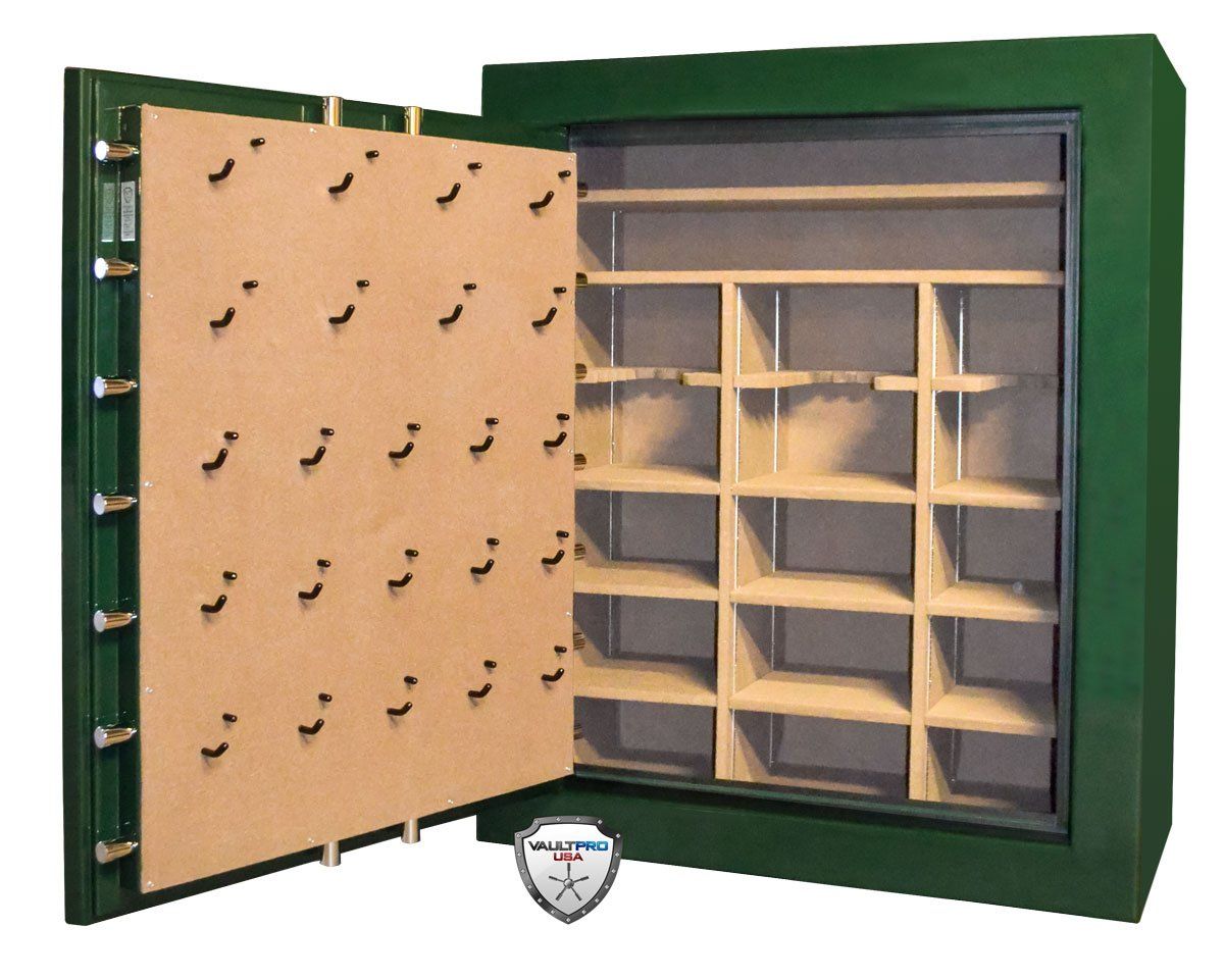 large gun safe with pistol and handgun holder mounted on door