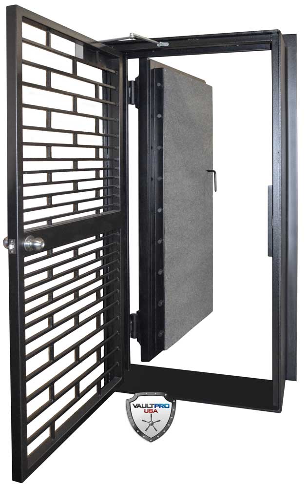Black security gate with a secondary solid door panel on a white background.