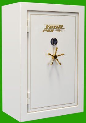 White secure safe with gold handle and lock against a green background.