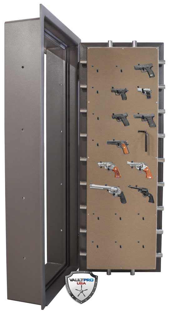 Open gun safe with rifles and handguns mounted on the inside door panel