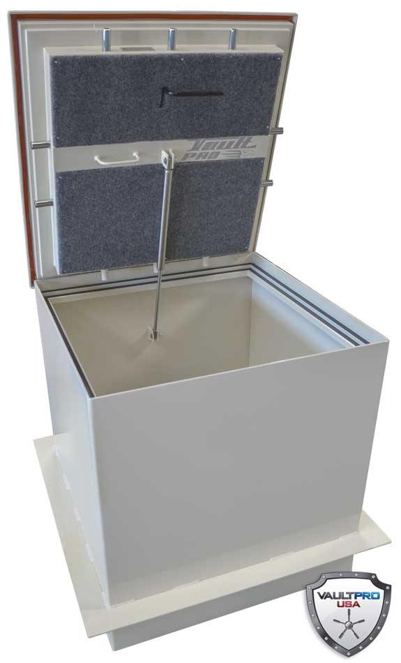 Open white chest freezer with lid raised, showing a vertical hanging mechanism inside.