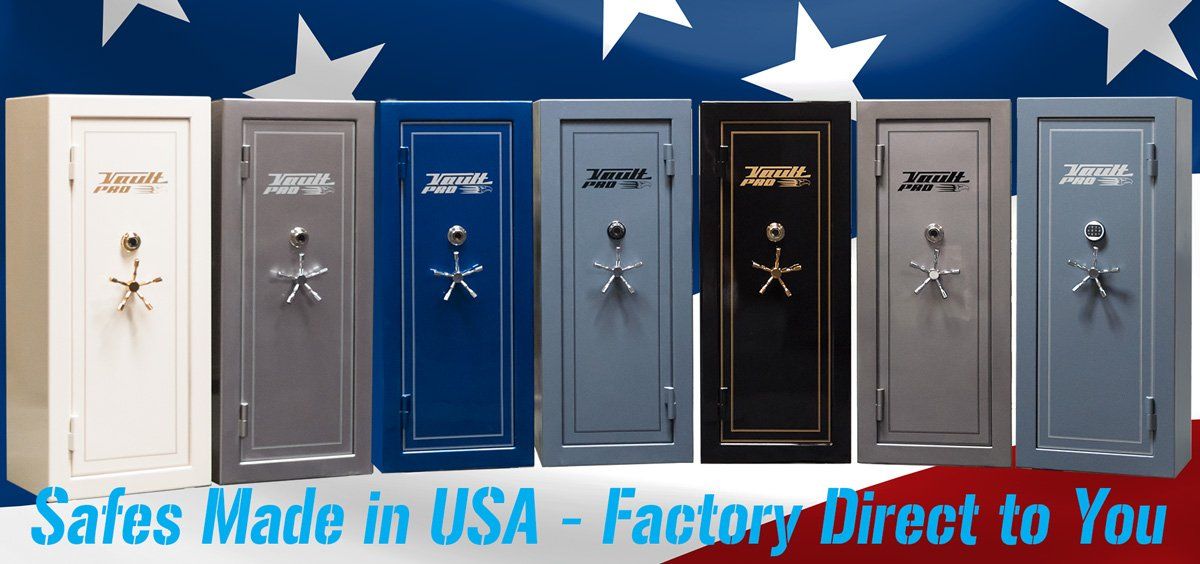 Row of seven safes in white, gray, blue, and black with text: “Safes Made in USA - Factory Direct to You”