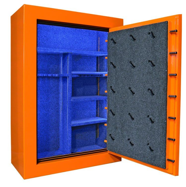 Open orange safe with blue interior and door ajar