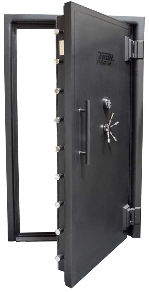 Open black security vault door with silver bolts and handle, shown partially open on a white background