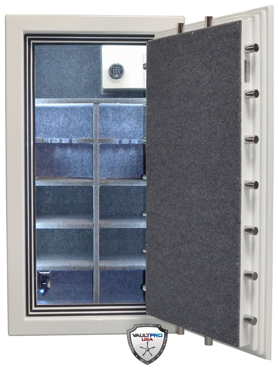 Open safe with gray door and blue interior shelves
