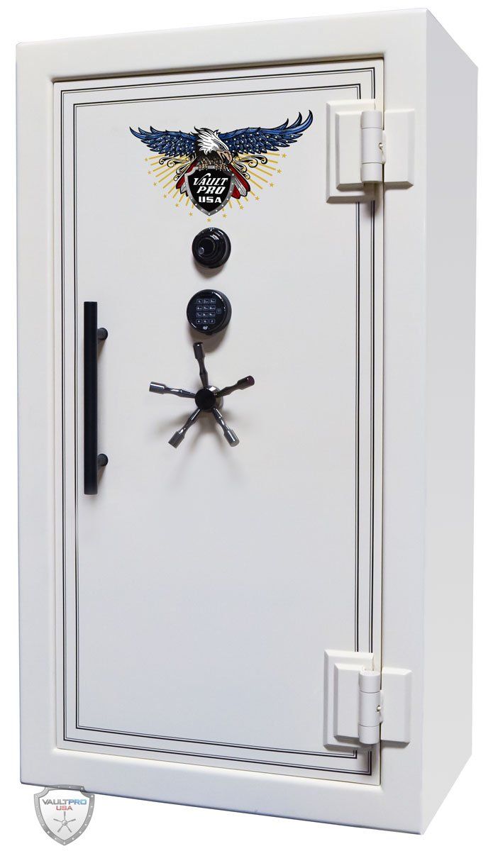 White safe with eagle emblem and black handle, shown front view.
