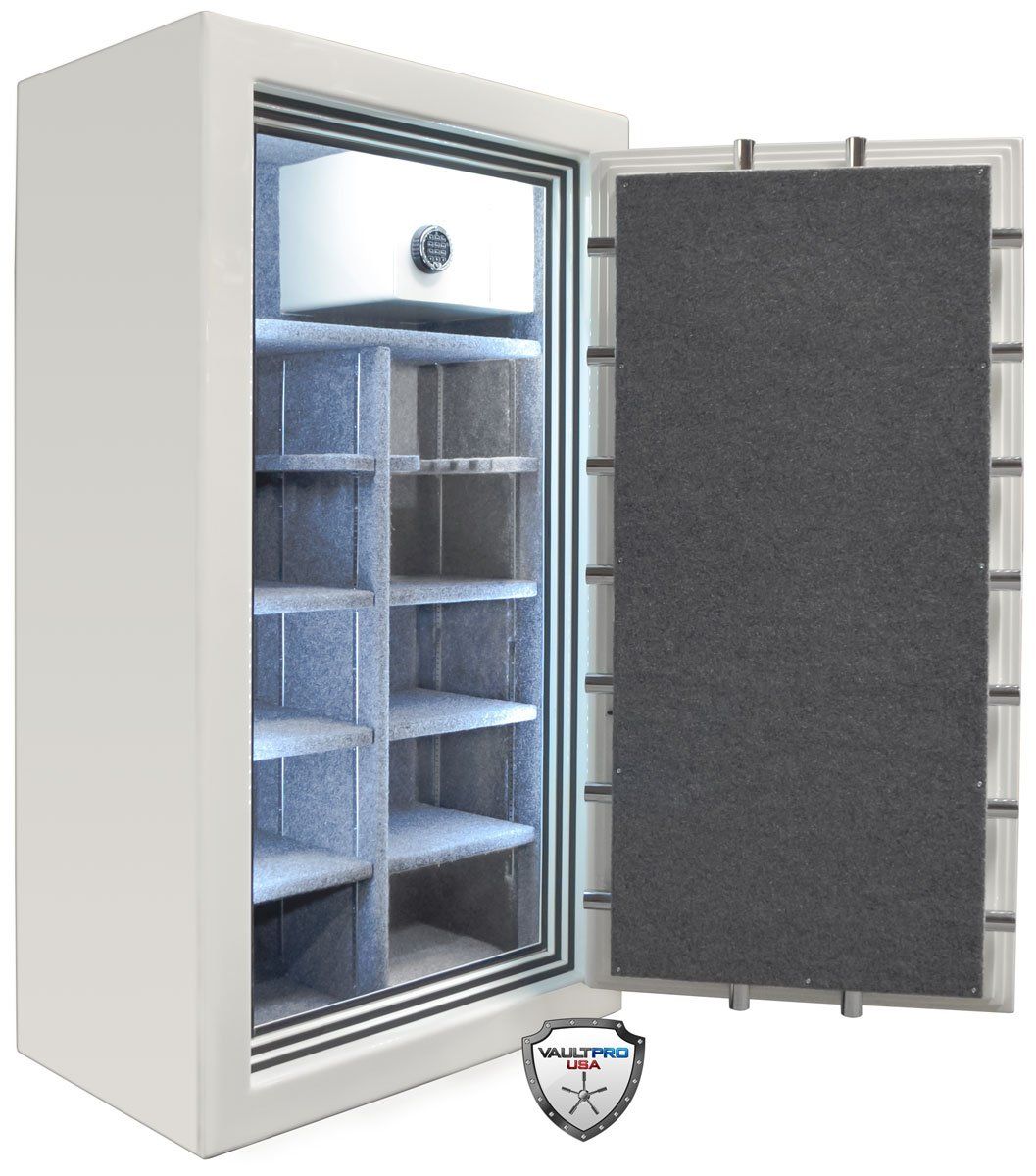 Open safe with shelves inside and the door open, showing a gray insulated interior.