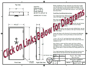 Technical diagram with top and front views of a wall-mounted vault or box, with dimensions and notes.