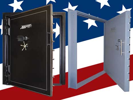 Two open bank vault doors, one black and one gray, against a red, white, and blue background