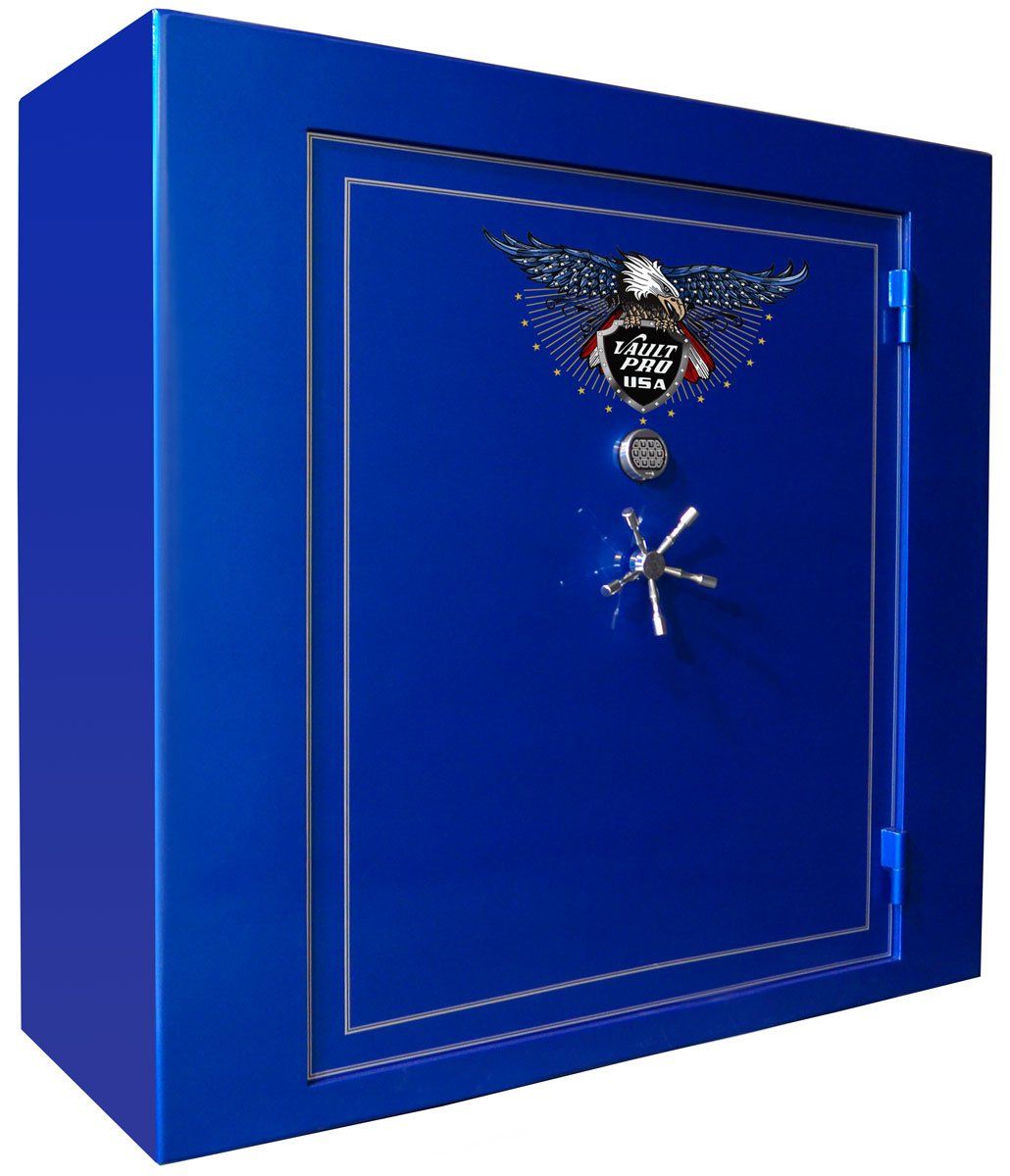 Blue safe with decorative gold-trimmed door and silver handle