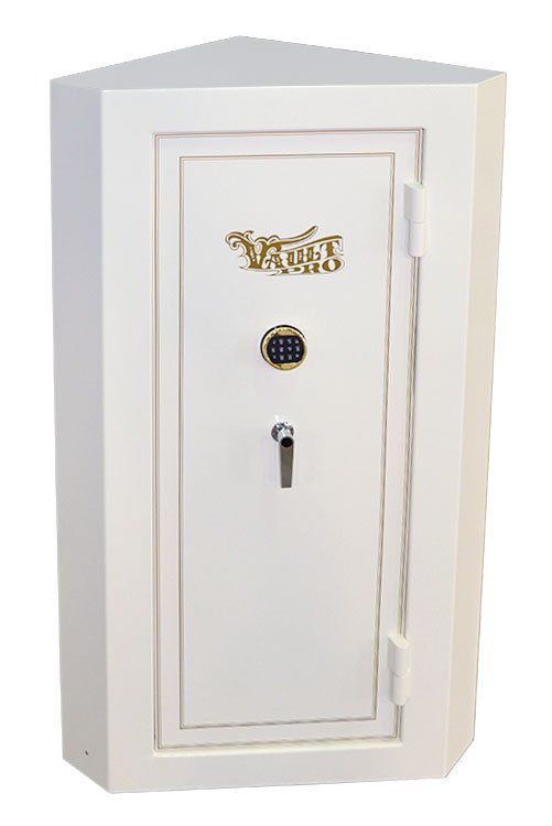 White upright safe with gold-trimmed door and keypad lock