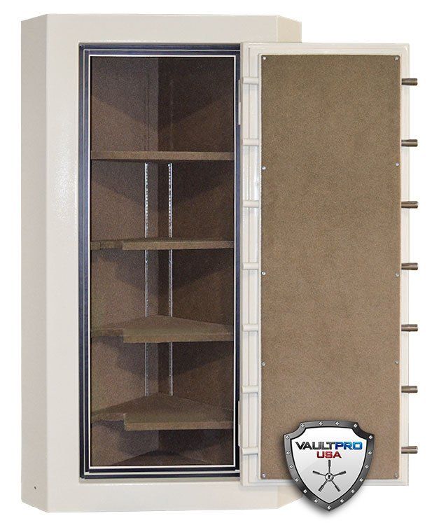Open beige safe with glass door, empty shelves, and large locking bolts on the right side