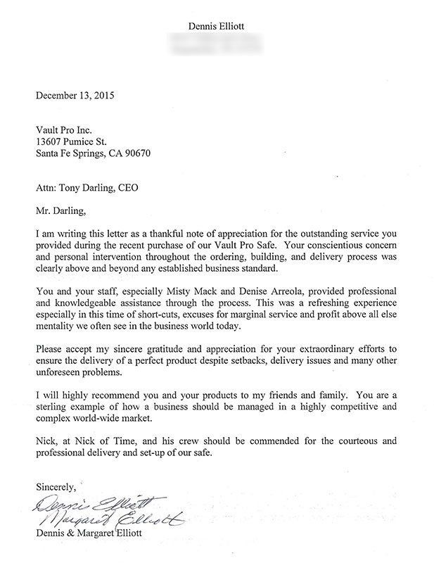 thank you note for Vault Pro USA products and delivery