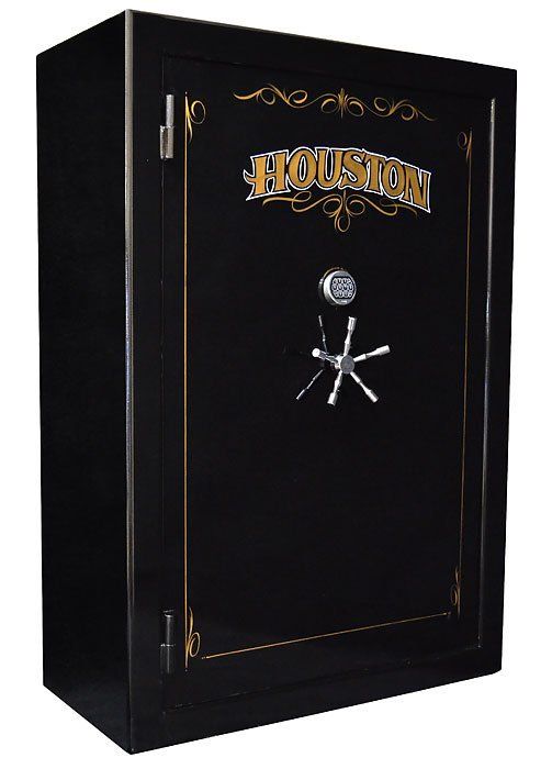 Black Houston decorative gun safe with gold trim and silver wheel handle, viewed at an angle