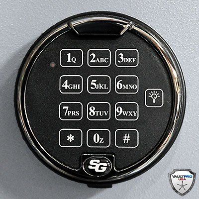 Black circular keypad with white-numbered buttons and a lightbulb icon.