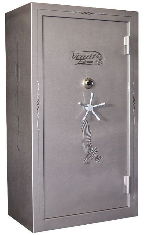 Gray steel gun safe with a keypad lock and reinforced door handle.