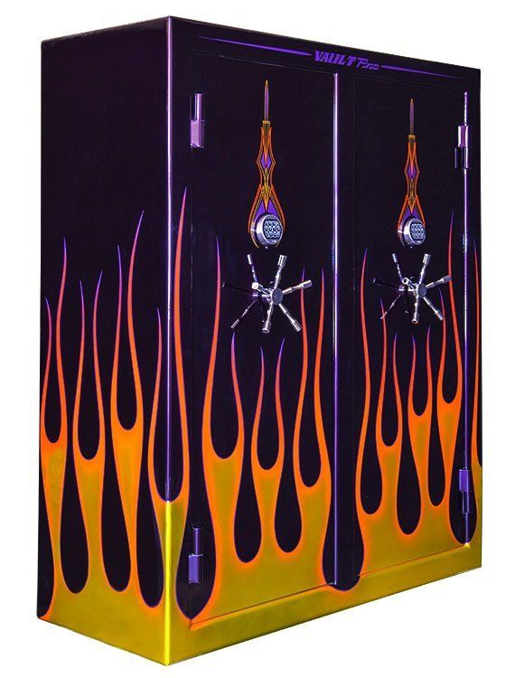 Black box with orange flames and hanging skull-and-crossbones graphics on a yellow base