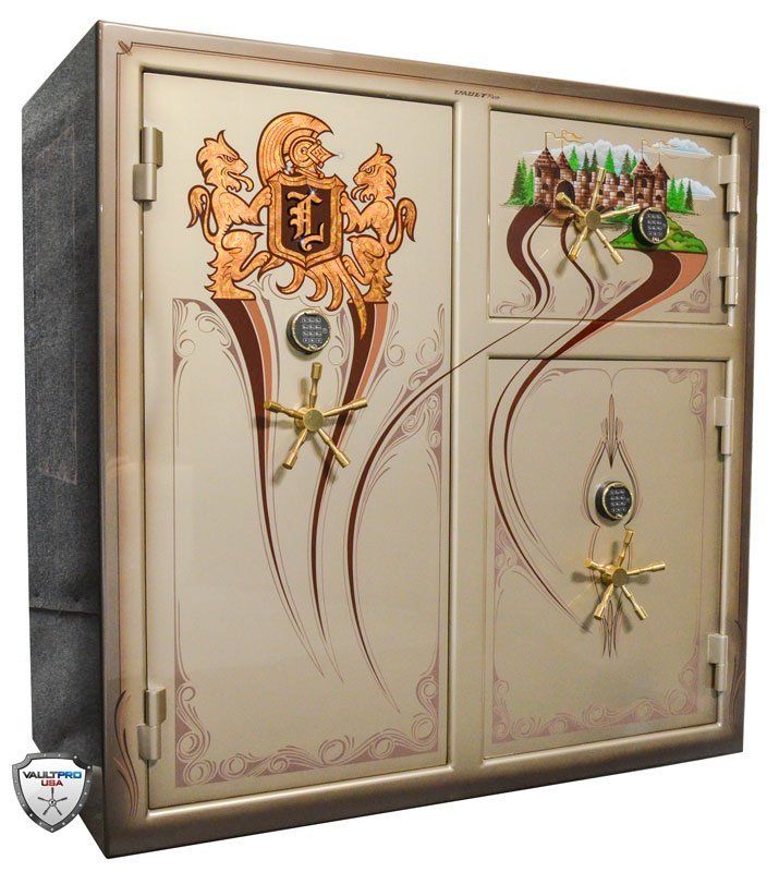 Decorative beige double cabinet with ornate crest, gold accents, and stylized horse artwork on the doors