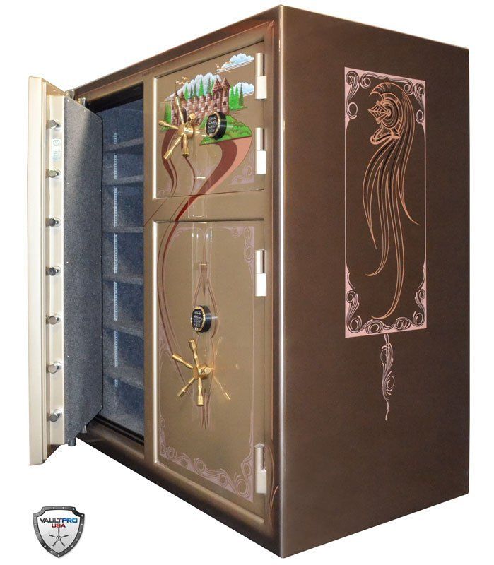 Open brown safe with ornate engraved door and colorful decorative panel inside