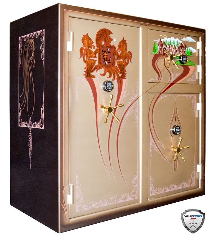 Beige and black decorative metal safe cabinet with ornate gold and red designs and a red figure on the side panel