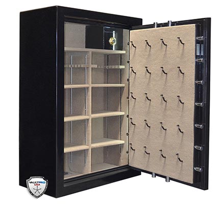 Open black safe with shelves and a door lined with hooks for securing items