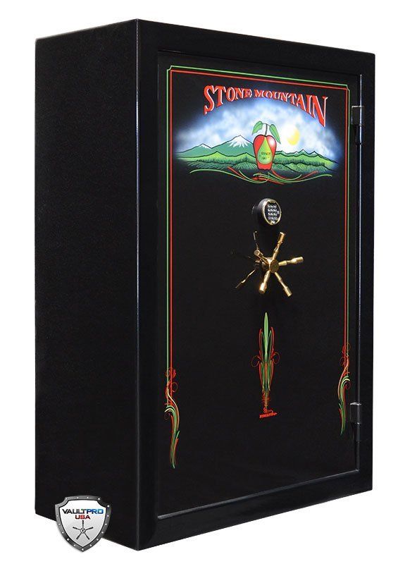 Black safe with colorful horror-themed artwork and a skull-and-bones figure on the door