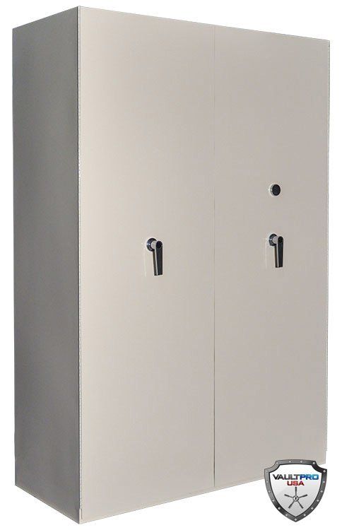 Beige metal storage cabinet with double doors and handles