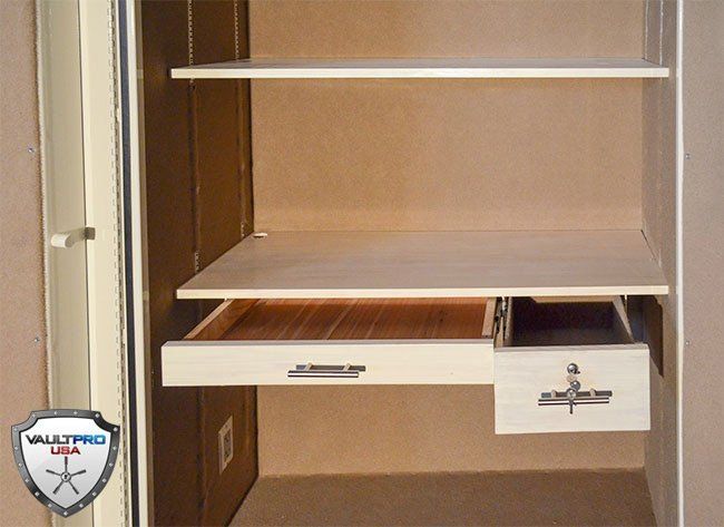 Open closet organizer with shelves and a drawer, beige interior, partially pulled out.