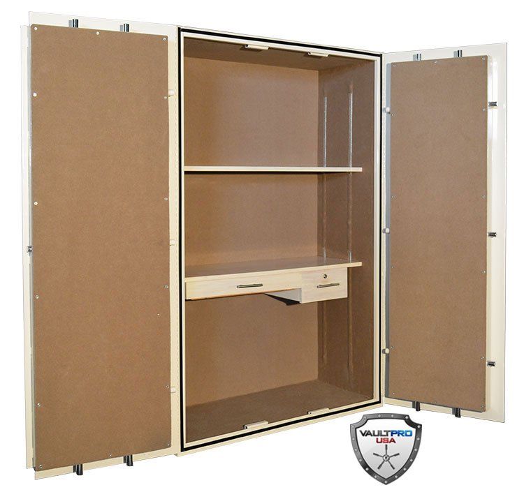 Open wall-mounted cabinet with brown doors, shelves, and a small drawer inside