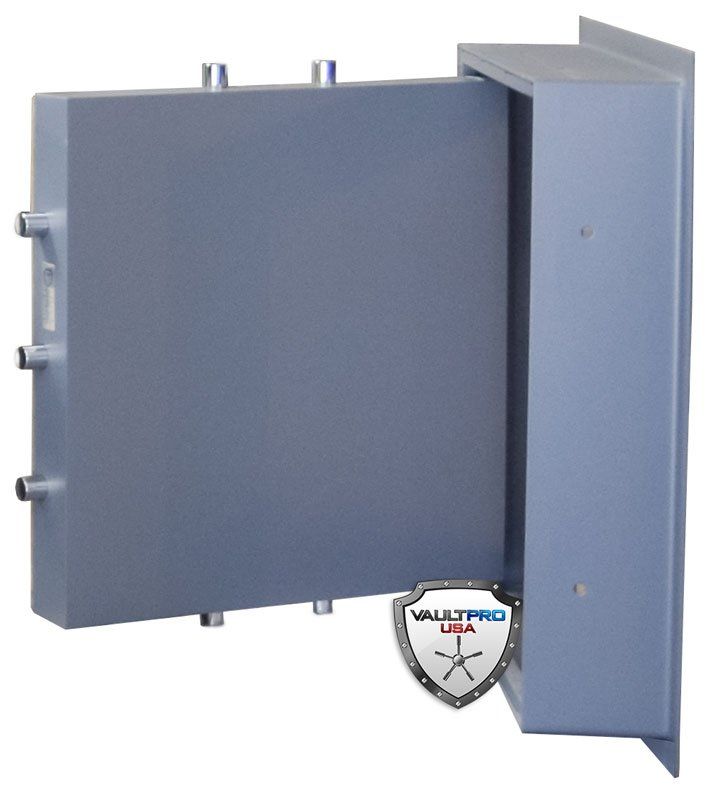 Blue-gray steel security safe door with multiple locking bolts, shown open at an angle.